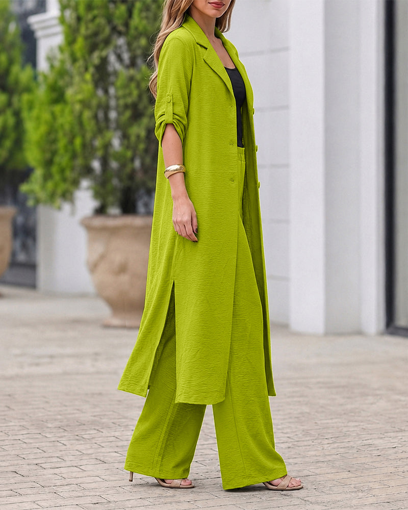 Women's 2 Piece Outfit Lapel Button Down Side Slit Longline Top and High Waisted Straight Leg Pants Set