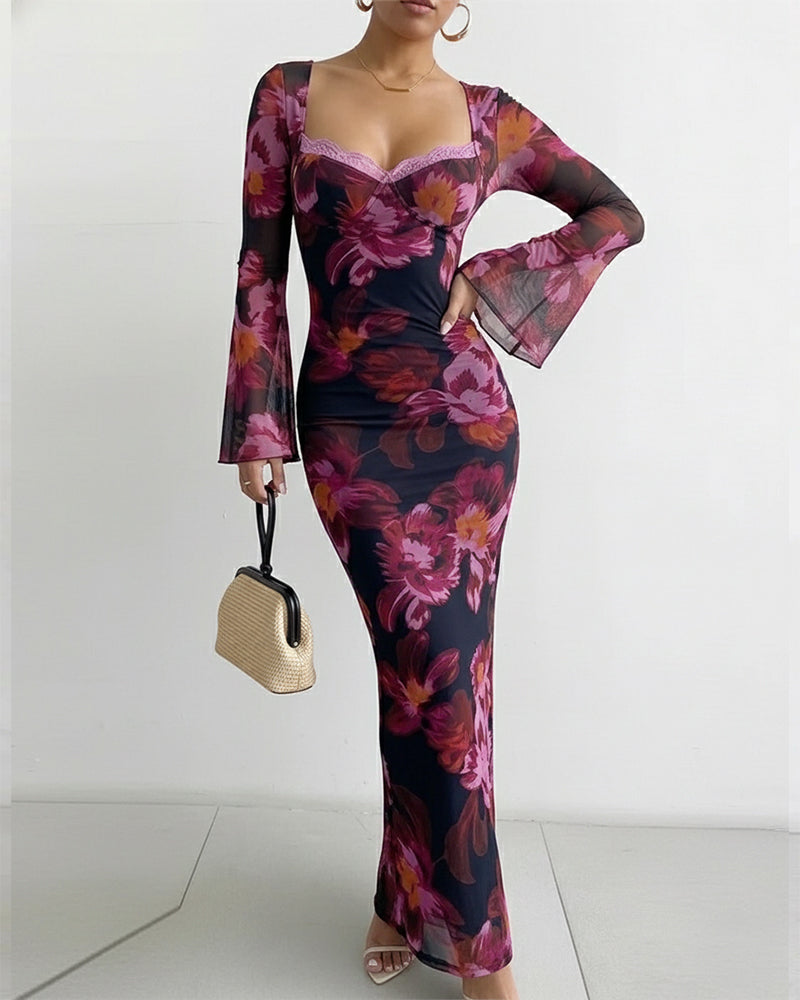 Women's Vintage Floral Mesh Dress Lace Trim Sweetheart Neck Flare Sleeve Bodycon Maxi Dress Mermaid Party Gown