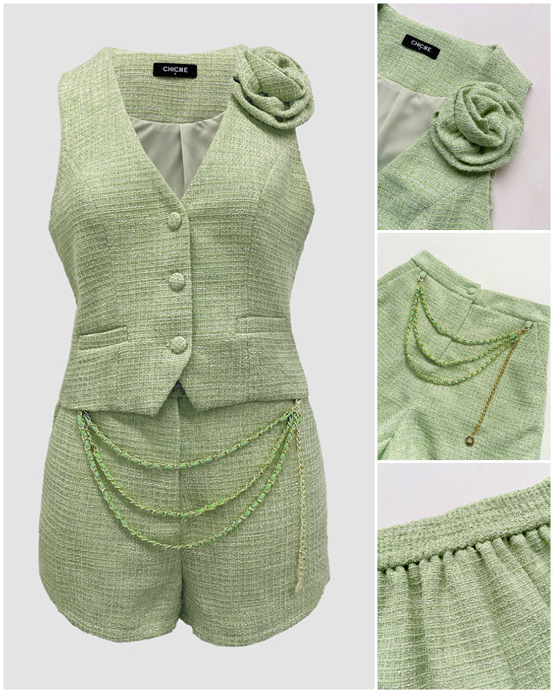 2 Pieces Outfit 3D Flower Decor V-Neck Sleeveless Button Front Vest and Chain Decor Zipper Fly Elastic Back Waist Shorts Set Casual Tweed Set