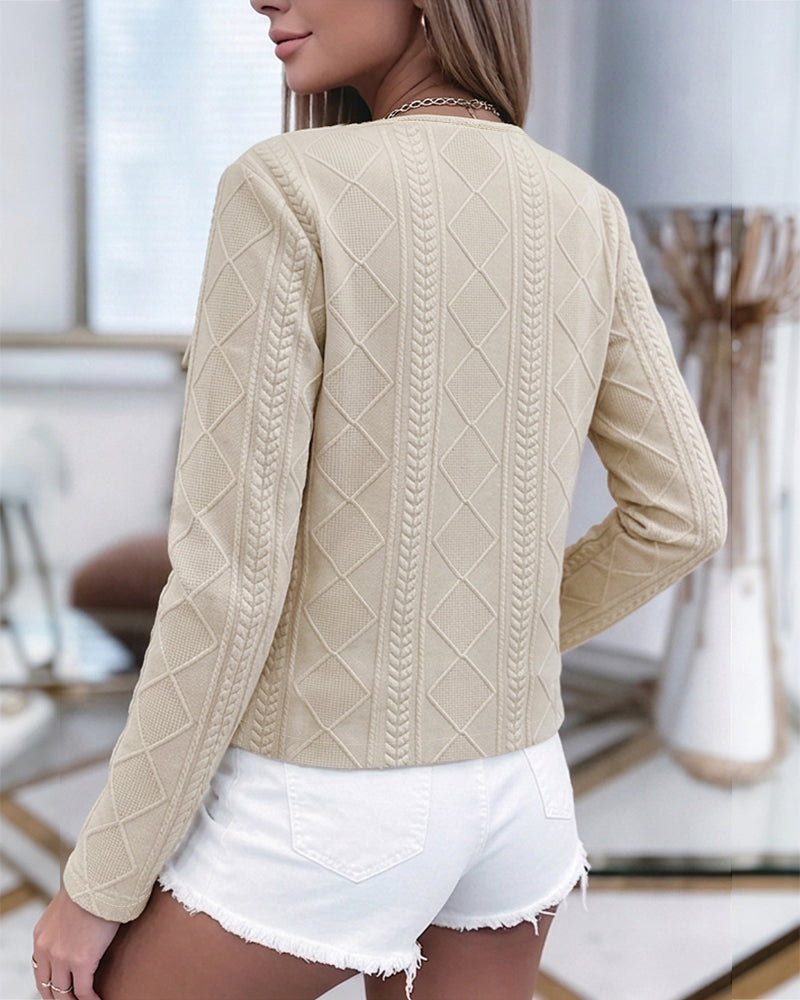 Women's French Style Cropped Jacket Round Neck Gold Button Coat Argyle Cable Jacquard Knit Outerwear