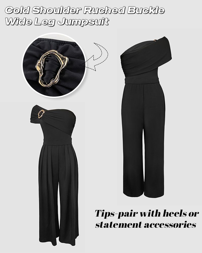 CHICME Women's One Shoulder Gold Buckle Jumpsuit Ruched Waist Wide Leg Romper