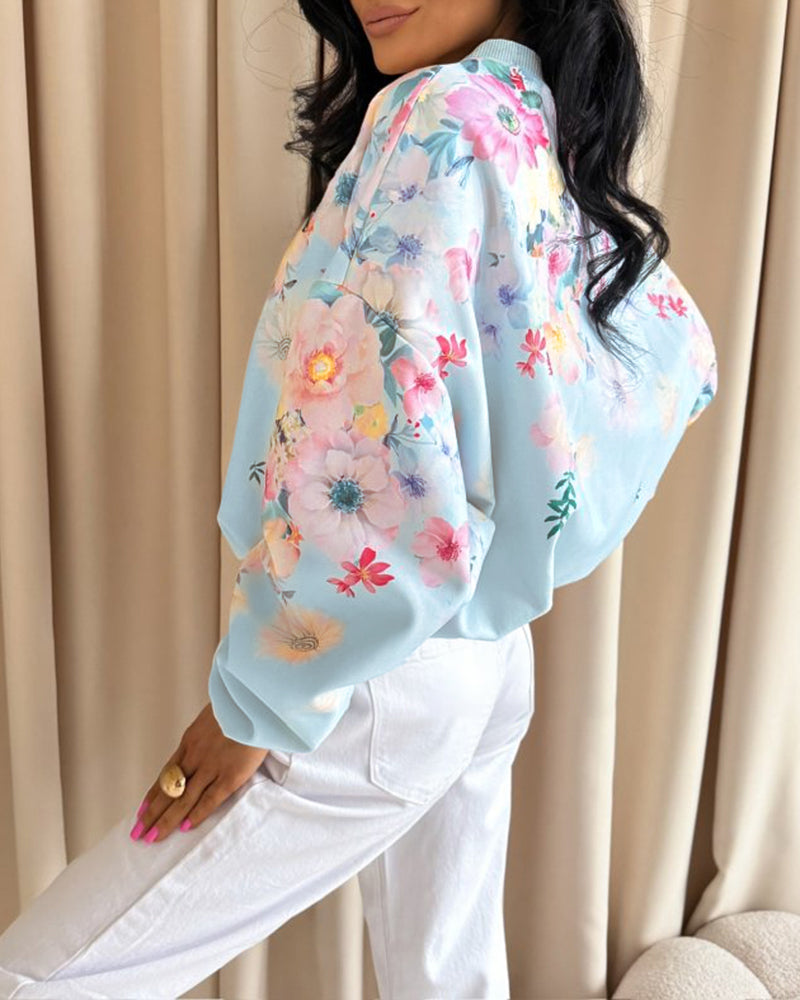 Women's Watercolor Floral Sweatshirt Casual Crewneck Pullover Lantern Sleeve Loose Fit Top