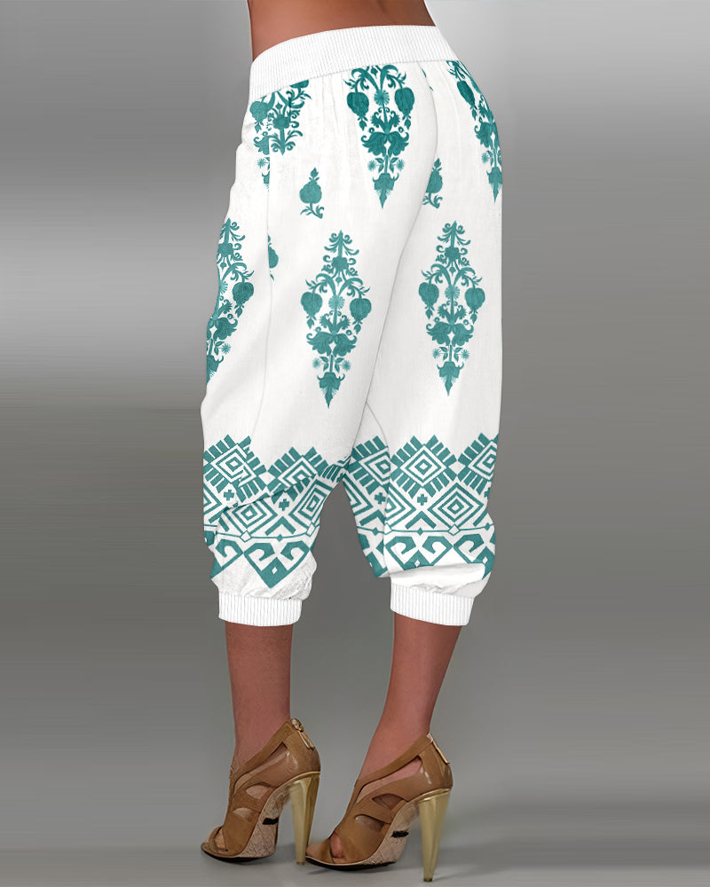 Tribal Print Low Waist Button Decor Capris Pants Vintage Pants with Pocket