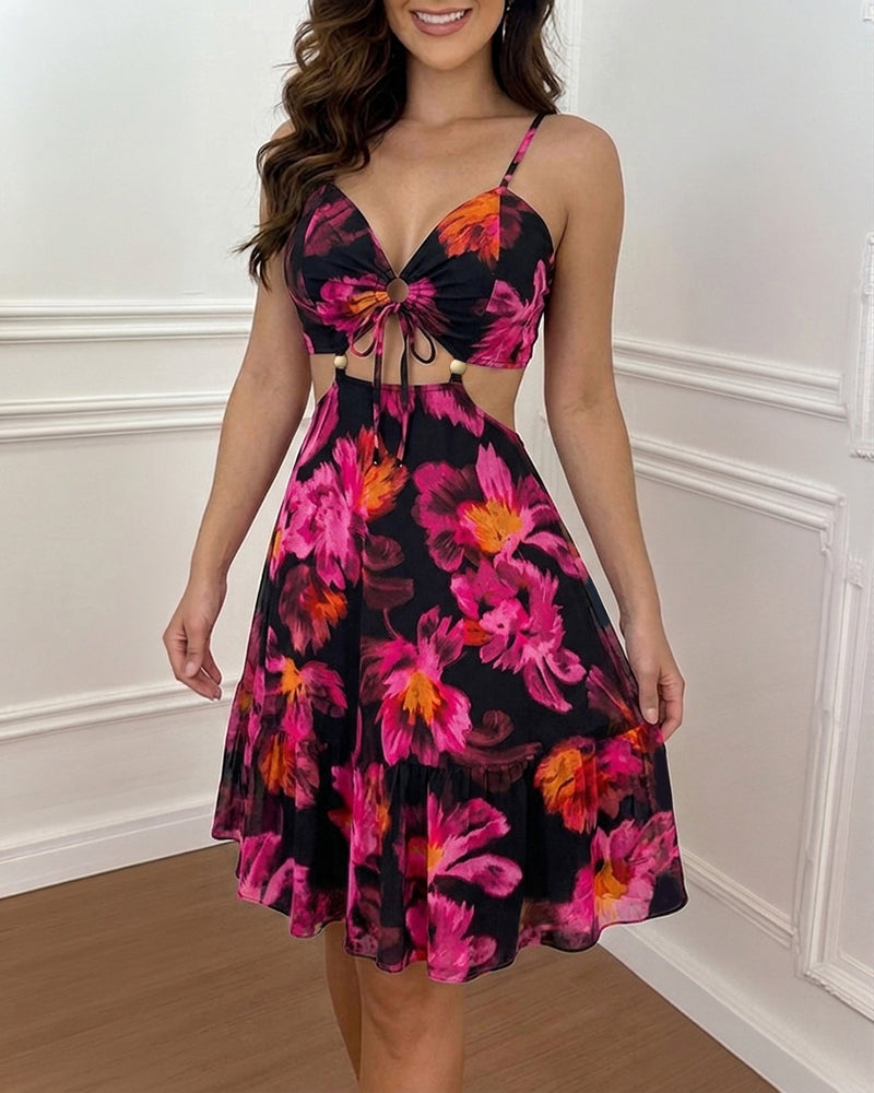 Women's Vintage Floral Print Mini Dress Sexy Sweetheart Neck Cut Out Sundress Backless Ruched A-Line Vacation Dress