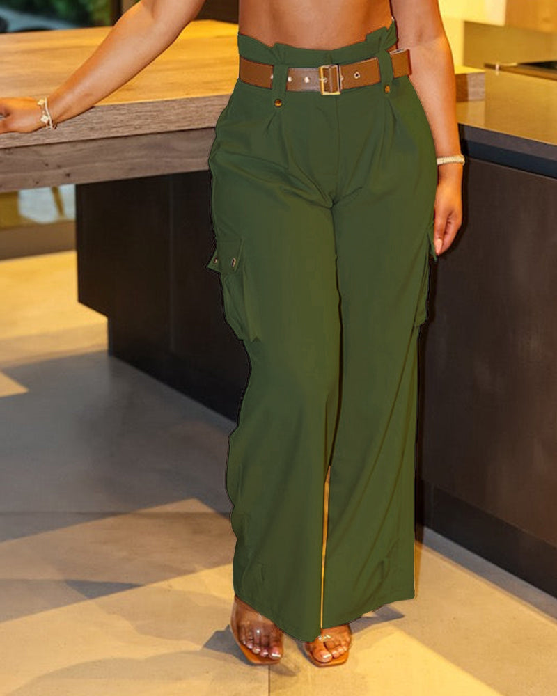Women's Pockets Design Cargo Pants Casual High Waisted Trousers with Contrast Belt