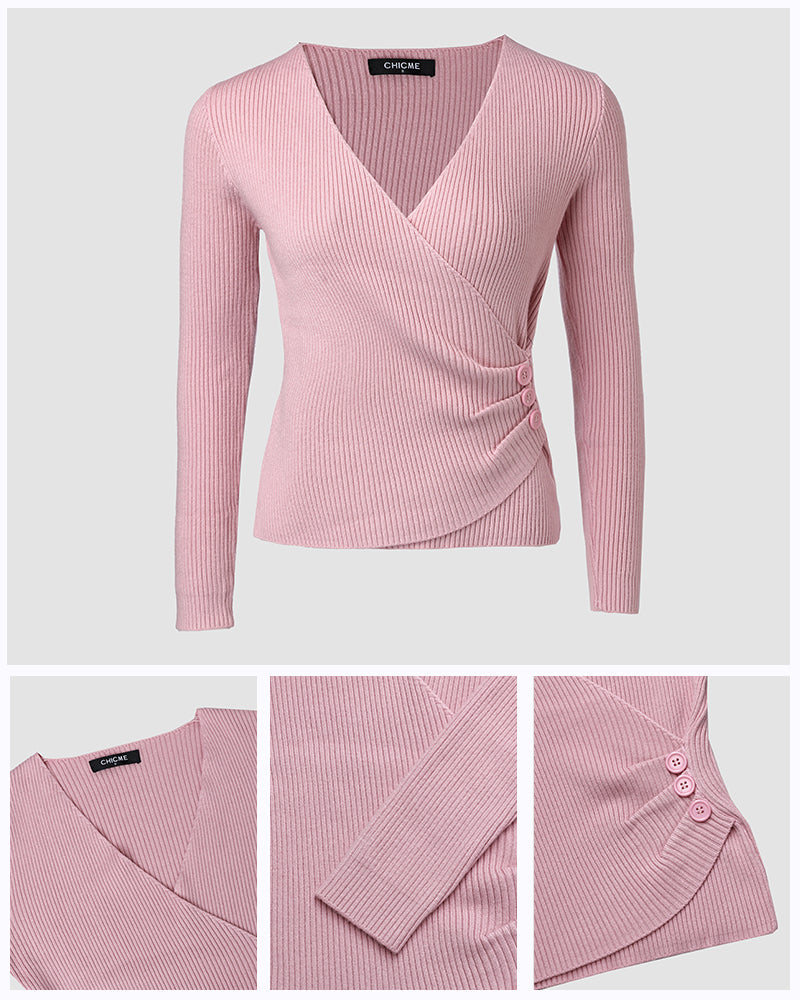 Overlap V-Neck Ruched Side Button Decor Knit Sweater Slim Fit Ribbed Pullover Top