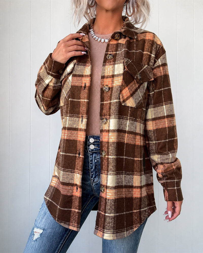 Women's Plaid Long Sleeve Button Down Brushed Shacket Casual Turn-down Collar Coat