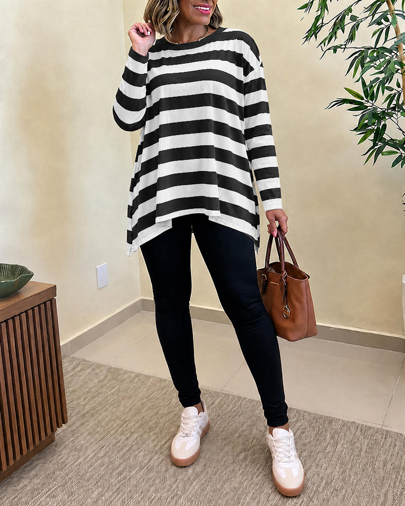 Women's Striped T Shirt Long Sleeve Drop Shoulder Crewneck Tee Side Slit Casual Loose Fit Top