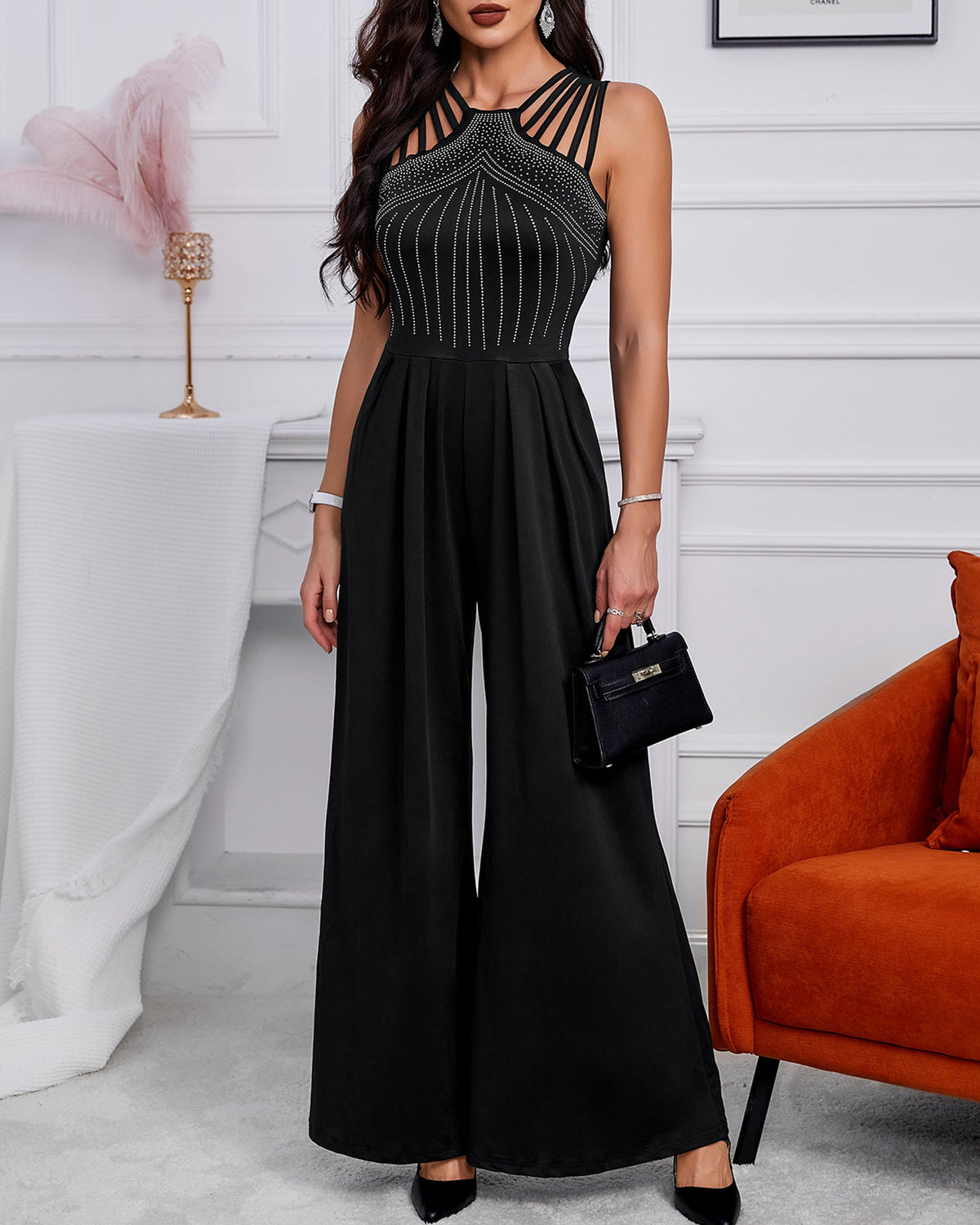 Rhinestone Decor Multi Spaghetti Straps Ruched Overalls Casual Zipper Back Wide Leg Jumpsuit