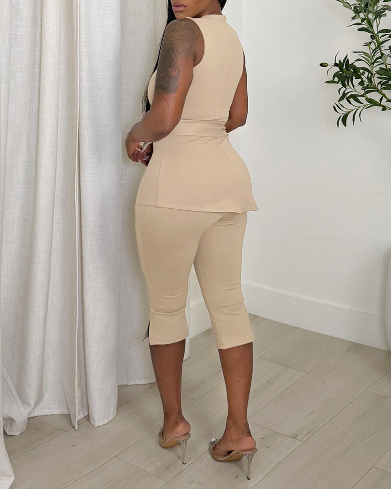 Women's 2 Piece Outfit Sleeveless Asymmetrical Hem Top and High Waist Side Slit Capris Set