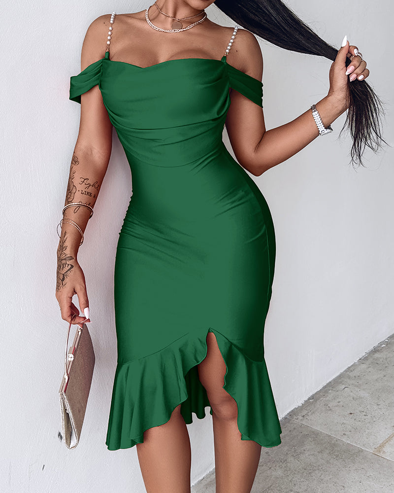 Women's Cold Shoulder Adjustable Pearls Straps Bodycon Dress Cowl Neck Asymmetrical Ruffle Hem Party Dress