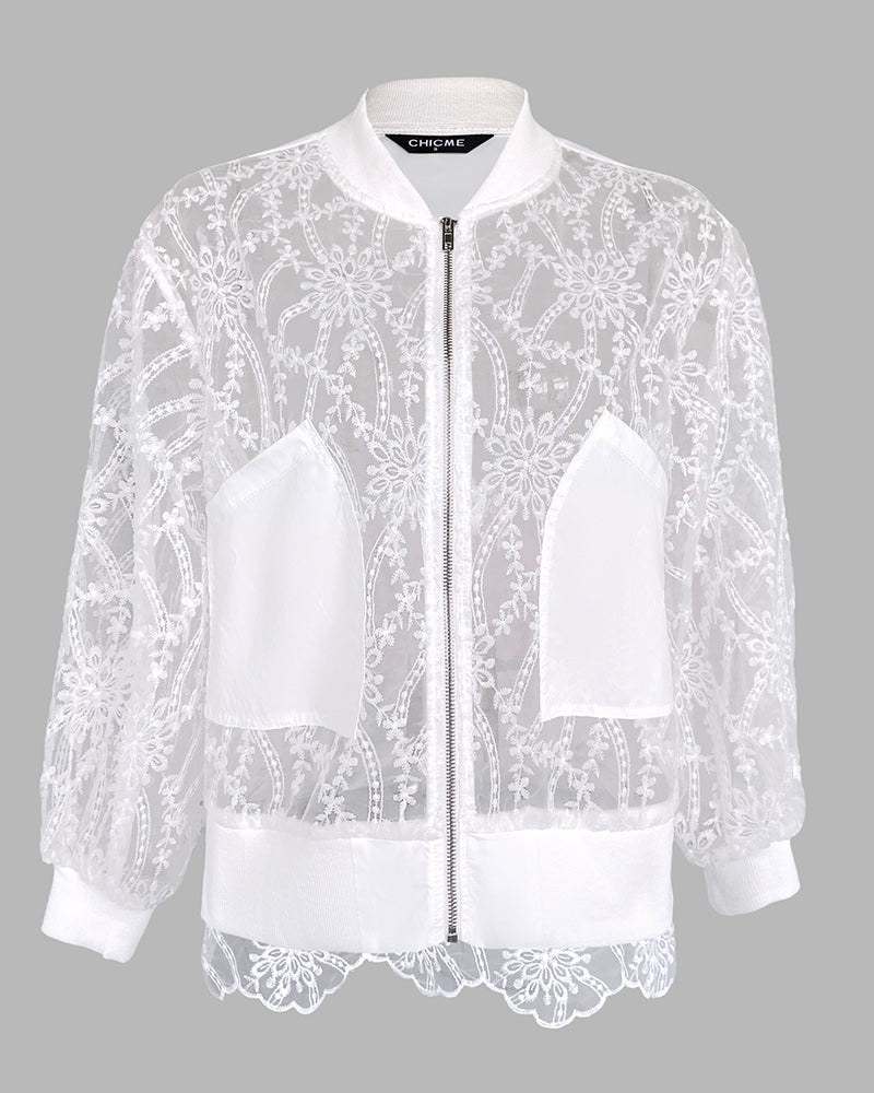Floral Lace Embroidered Mesh Patchwork High-Low Hem Baseball Coat Casual Side Slit Zip Up Bomber Jacket