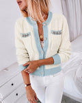 Women's Contrast Binding Knit Cardigan Pearl Beaded Textured Cropped Sweater Elegant Rhinestone Button Coat