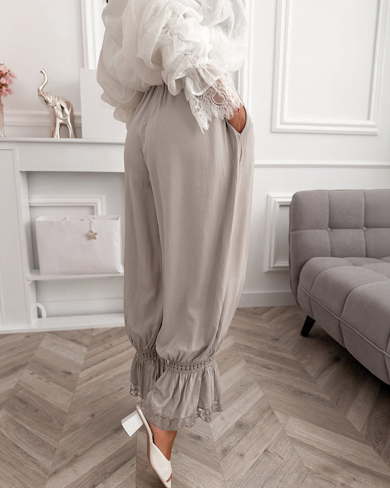 Women's Lace Patchwork Pants Elastic High Waist Hollow Out Ruffle Hem Lantern Trousers Casual Loose Lounge Pants