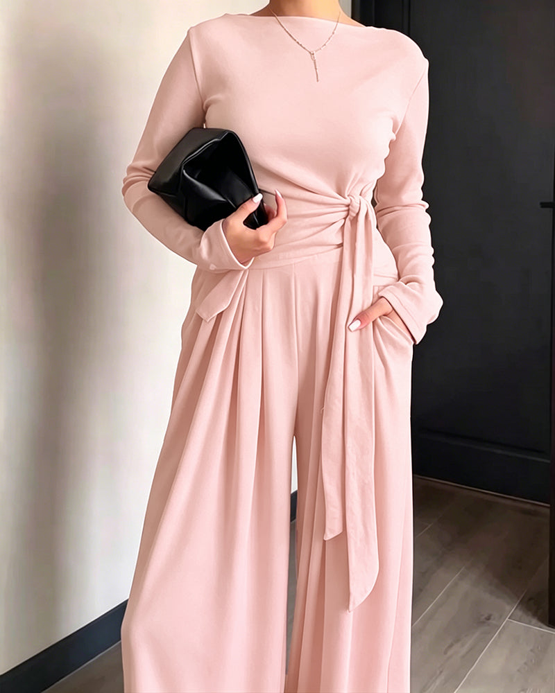 CHICME ESSENCE Women's 2 Piece Knit Lounge Set Long Sleeve Tie Waist Top and High Waisted Wide Leg Pants Casual Soft Sweatsuit with Pockets