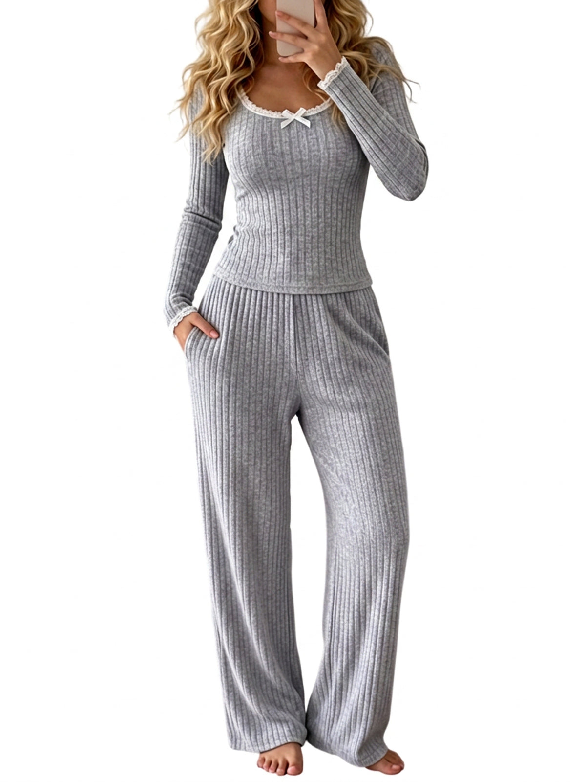 CHICME ESSENCE Women's Ribbed Pajama Set 2 Piece Lace Trim Long Sleeve Lounge Set High Waisted Pants with Pockets