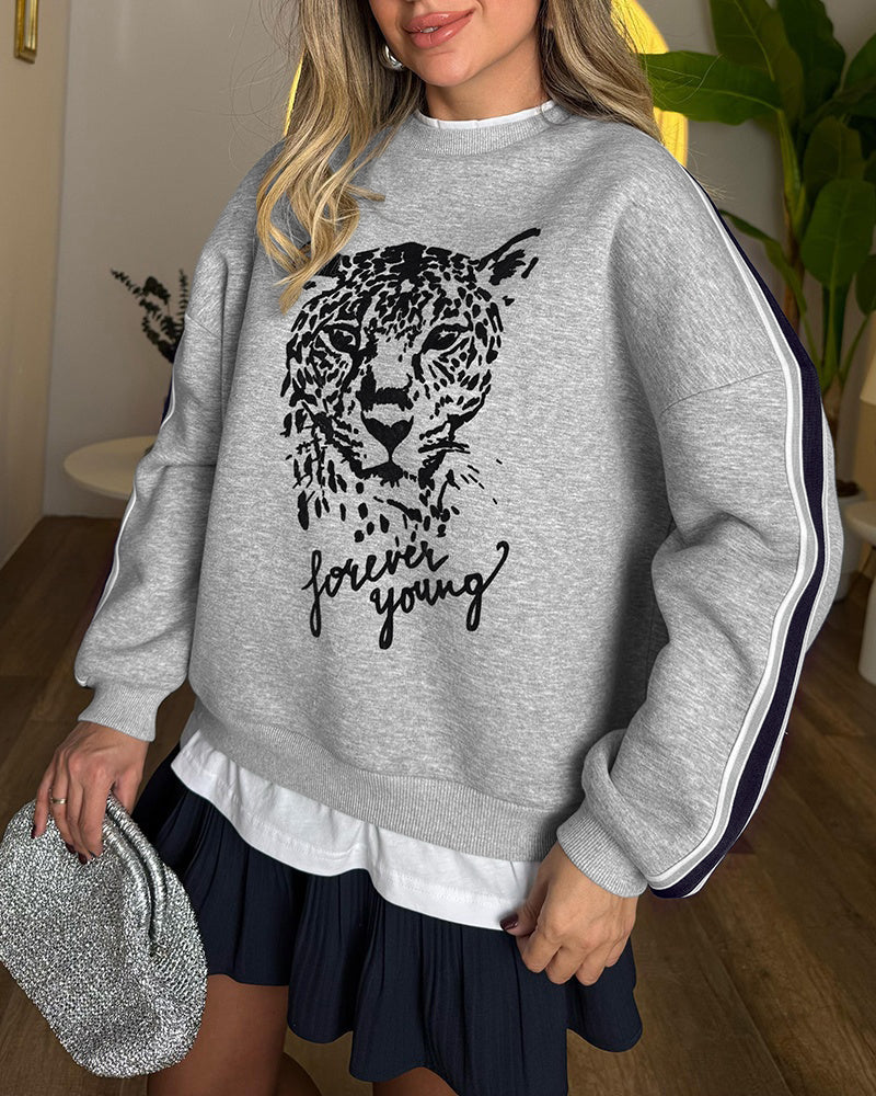 Women's Leopard Flocking Graphic Sweatshirt Crewneck Long Sleeve Pullover Casual Contrast Stripe Top