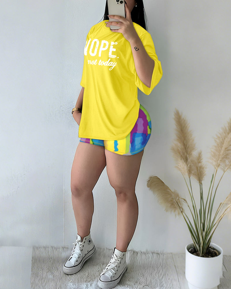 Women's 2 Piece Set Nope Not Today Slogan Half Sleeve Tee and Tie Dye Slim Fit Biker Shorts Set