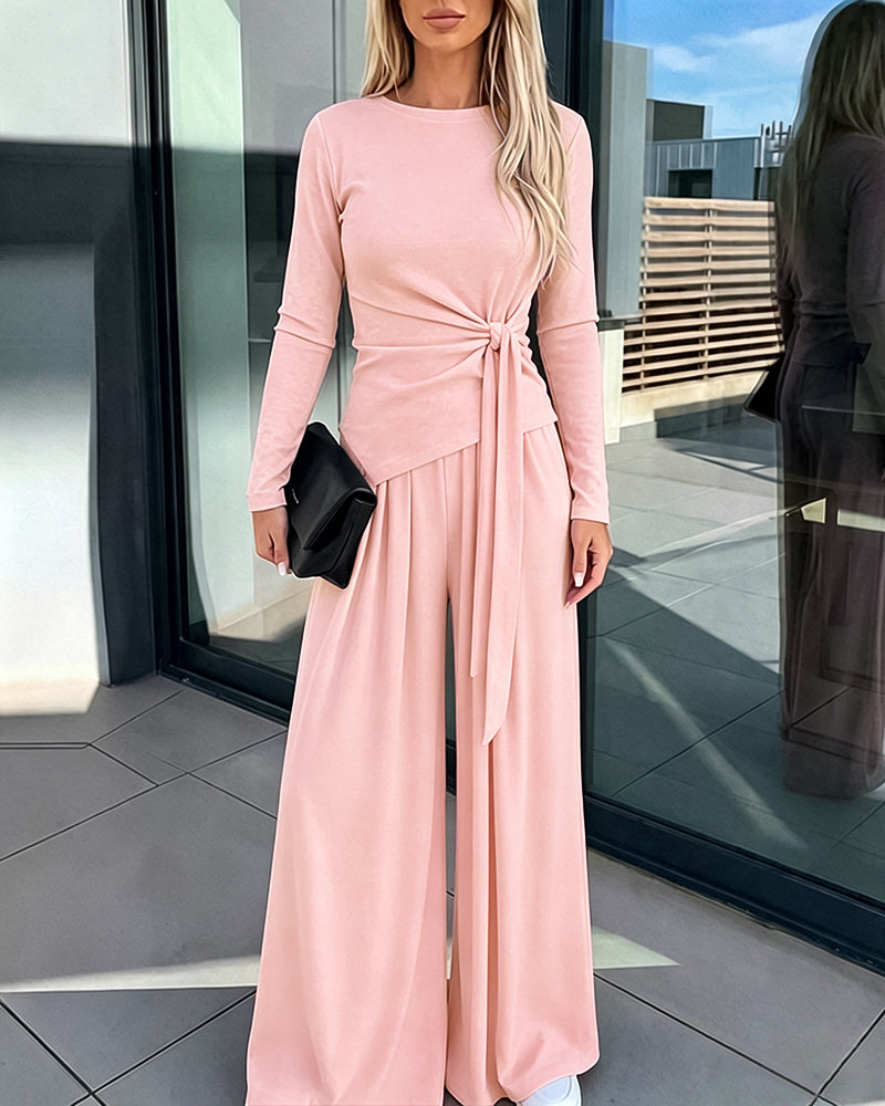 CHICME ESSENCE Women's 2 Piece Knit Lounge Set Long Sleeve Tie Waist Top and High Waisted Wide Leg Pants Casual Soft Sweatsuit with Pockets