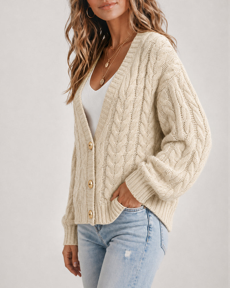 Women's Cable Knit Cardigan V Neck Button Down Chunky Knit Sweater Loose Lantern Sleeve Warm Outerwear