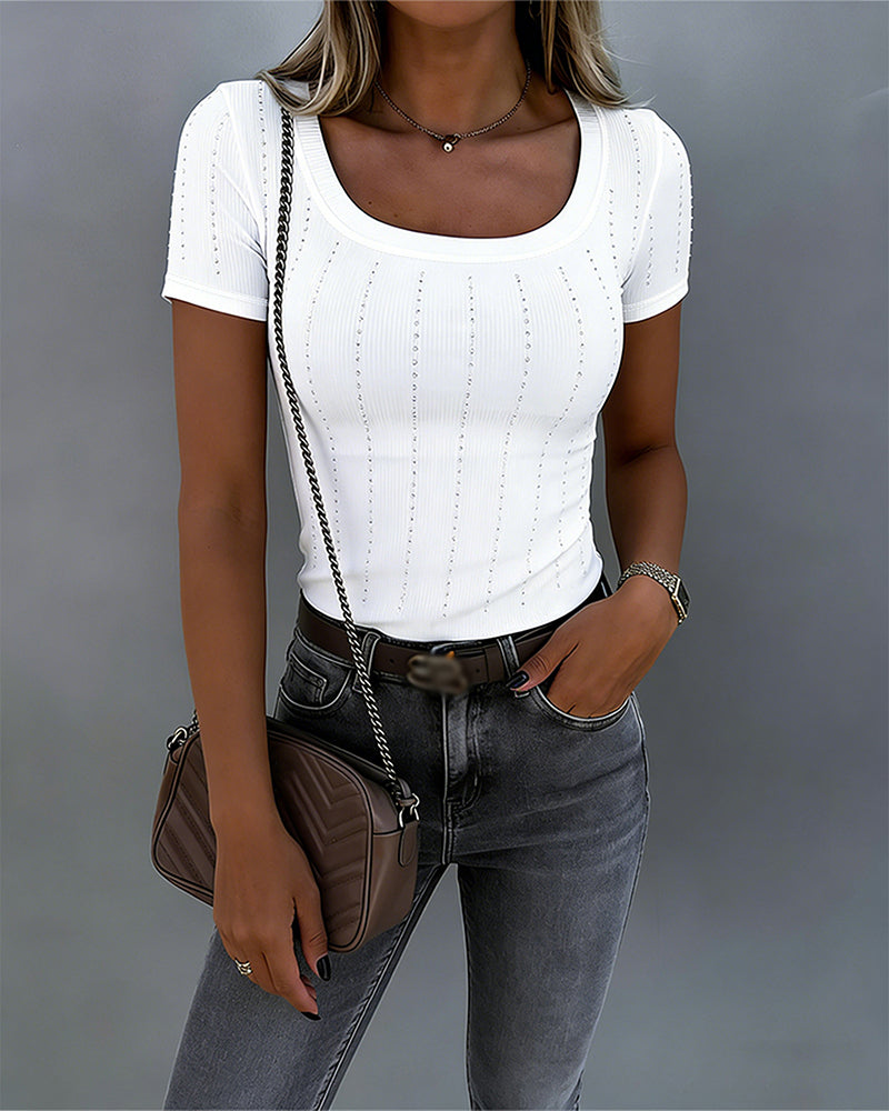 Women's Square Neck Ribbed T-Shirt Rhinestone Short Sleeve Top Slim Fit Knit Tee Basic Tee