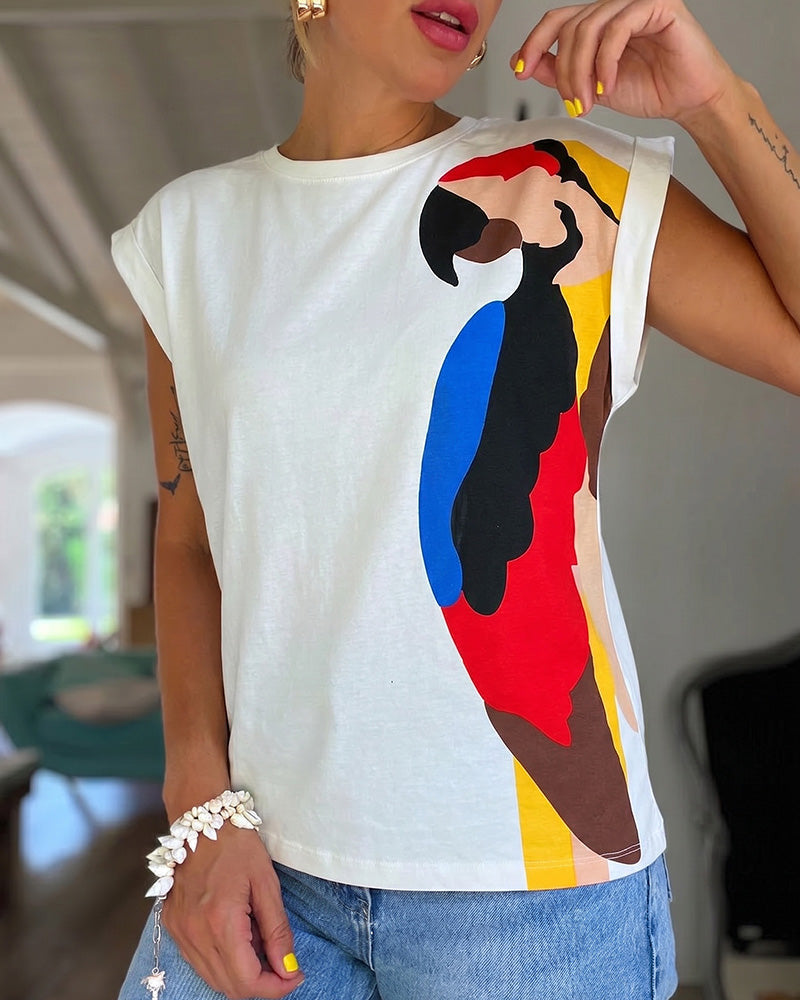 Women's Parrot Graphic Tee Loose Crewneck Cuffed Cap Sleeve T-Shirt Casual Top