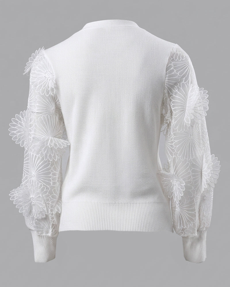 Women's Mesh Long Sleeve Cardigan Embroidered V Neck Knit Sweater Rhinestone Button Ribbed Slim Fit Casual Coat