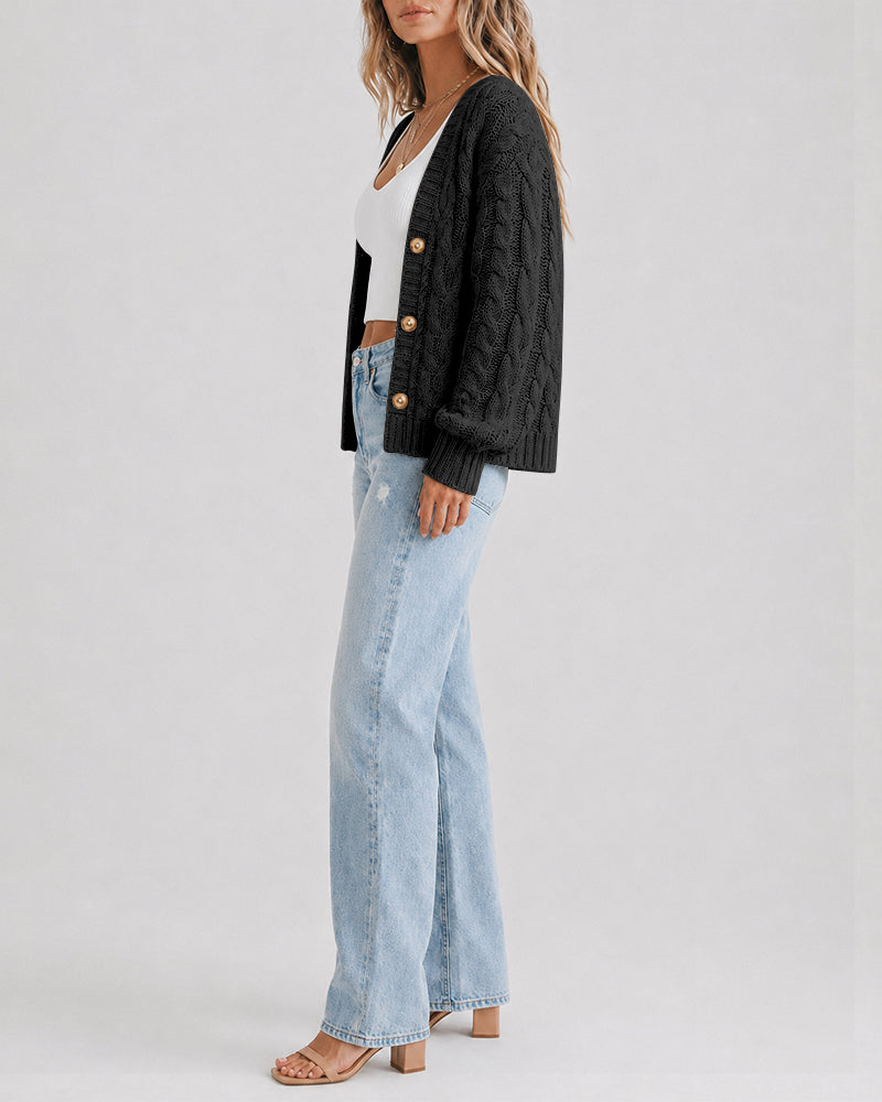 Women's Cable Knit Cardigan V Neck Button Down Chunky Knit Sweater Loose Lantern Sleeve Warm Outerwear