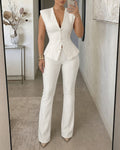 Women's Suede 2 Piece Outfits Deep V Neck Button Up Peplum Vest and High Waisted Flare Pants Set with Pockets