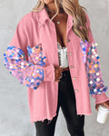 Contrast Sequin Long Sleeve Jacket Top Button Front Raw Hem Loose Fit Shacket