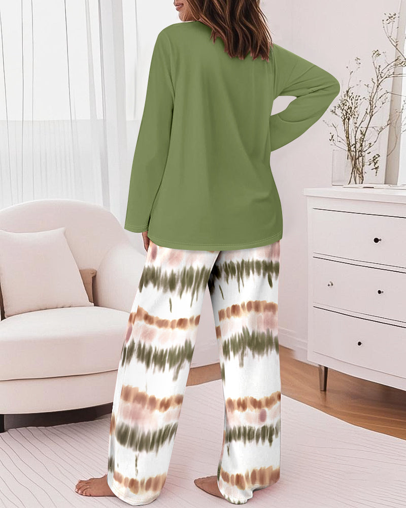 2 Pieces Outfit Letter Print Long Sleeve Top and Tie Dye Print Elastic Waist Pants Set Casual Pajamas Set