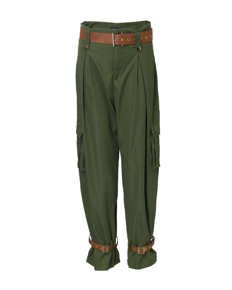 Women's Pockets Design Cargo Pants Casual High Waisted Trousers with Contrast Belt