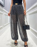 Women's Vintage Chain Print Sheer Chiffon Pants High-Waisted Loose Lantern Joggers Lightweight Breathable Lounge Pants with Pockets