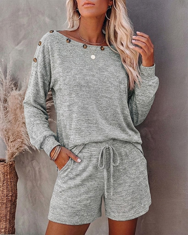 Women's 2 Piece Lounge Set Button Decor Long Sleeve Pullover Top and Drawstring Shorts Casual Sweatsuit with Pockets
