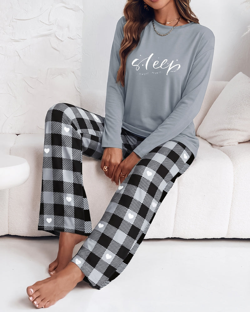 Women's 2 Piece Pajama Set Letter Print Long Sleeve Top and Plaid Heart Wide Leg Pants Casual Lounge Set