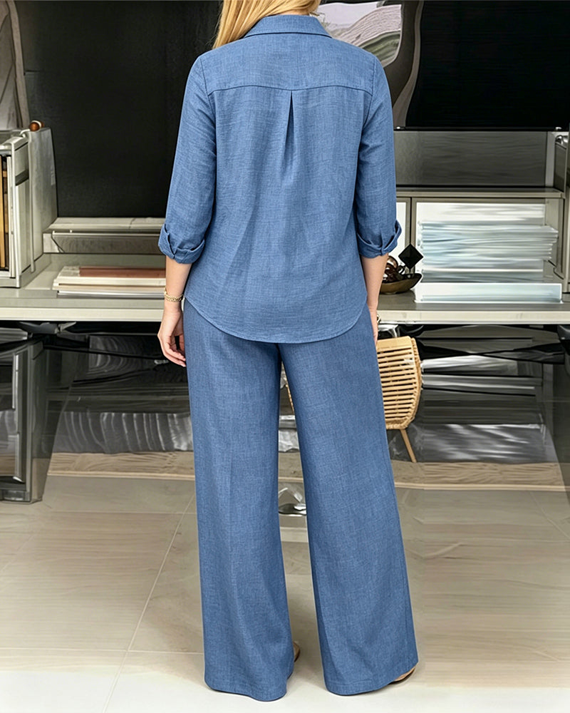Women's 2 Piece Textured Set Button Down Shirt and Wide Leg Pants Set Casual Loose Lightweight Outfits with Pockets