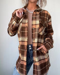 Women's Plaid Long Sleeve Button Down Brushed Shacket Casual Turn-down Collar Coat