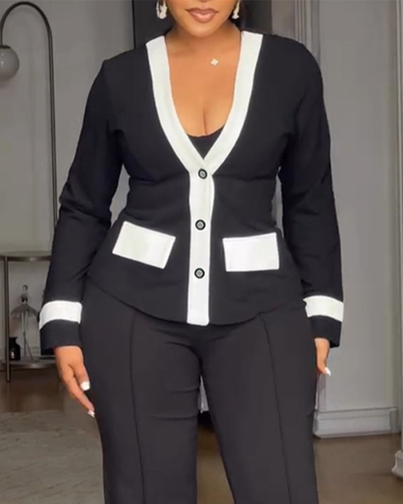 Women's Contrast Binding Coat Casual Slim Fit V Neck Jacket Button Front Office Business Workwear