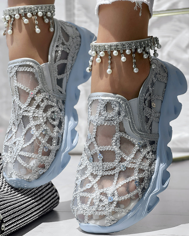 Contrast Sequin Sheer Mesh Patch Breathable Sneakers