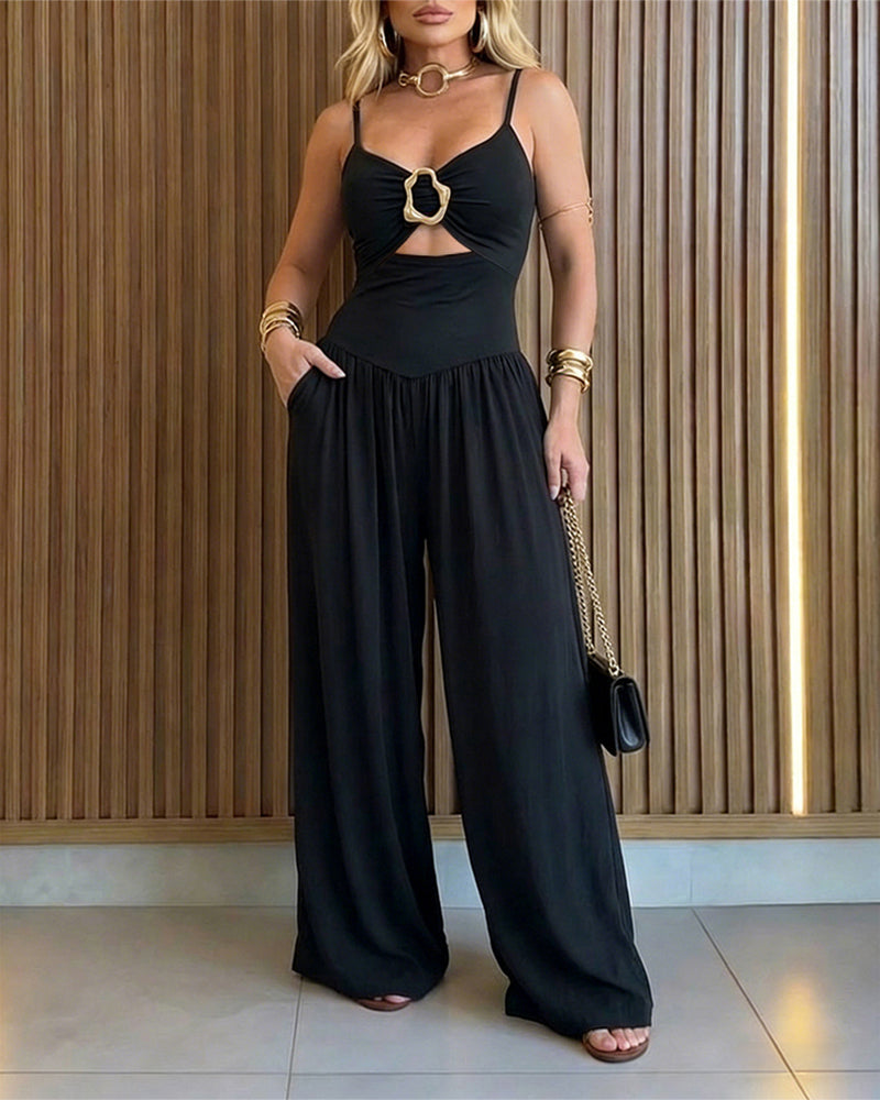 Women's Gold Ring Hollow Out Wide Leg Jumpsuit Backless Adjustable Strap Romper Elegant Party Jumpsuit