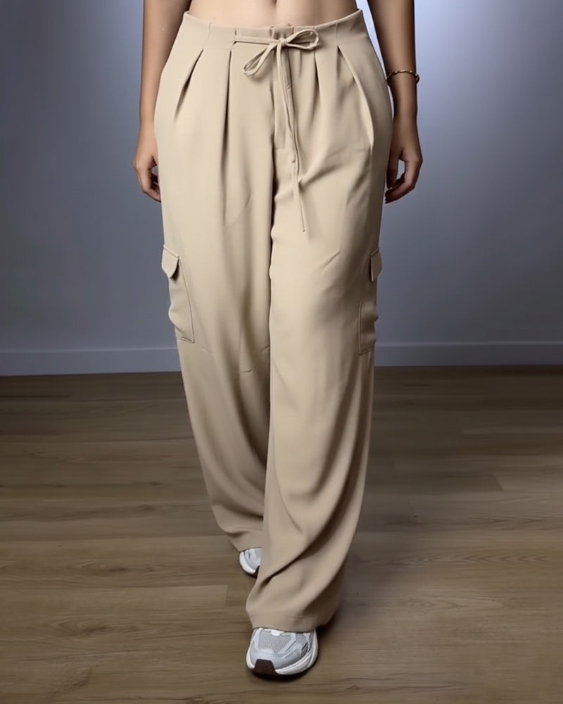 High Waist Drawstring Pleated Front Wide Leg Trousers Casual Flap Pockets Design Cargo Pants