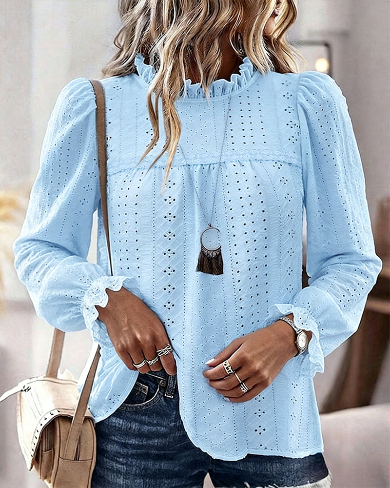 Women's French Style Eyelet Embroidery Blouse Elegant Frill Hem Stand Collar Puff Sleeve Top Lace Patchwork Shirt