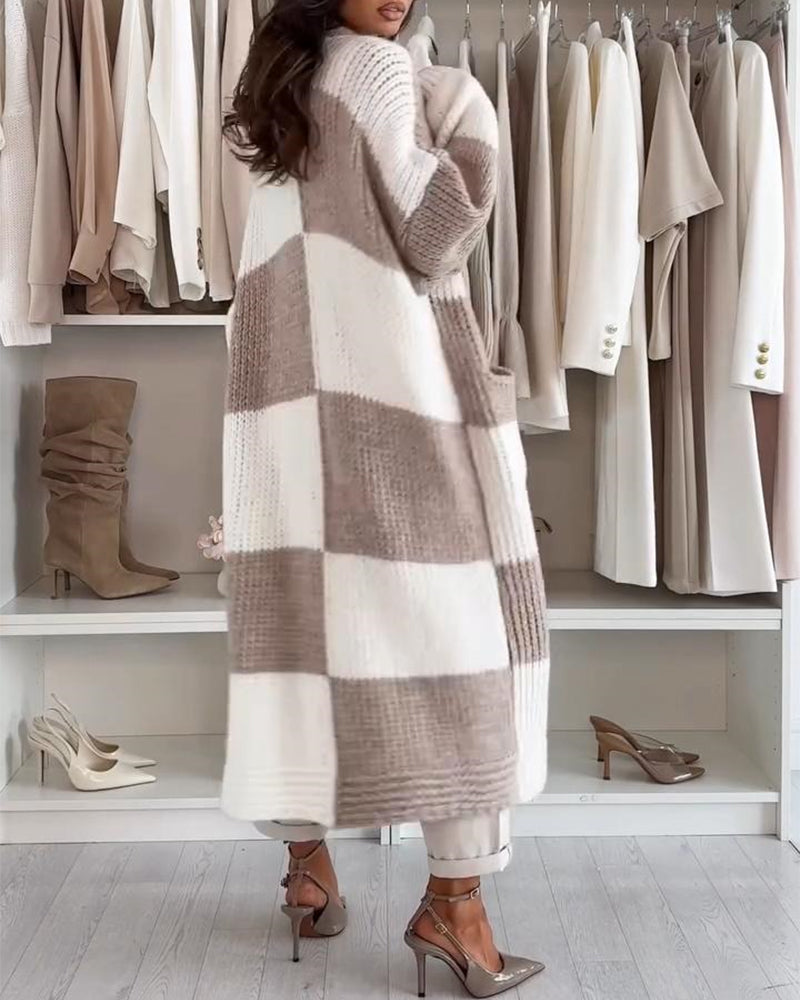 Women's Checkerboard Knit Cardigan Oversized Long Chunky Sweater Loose Lantern Sleeve Coat with Pockets