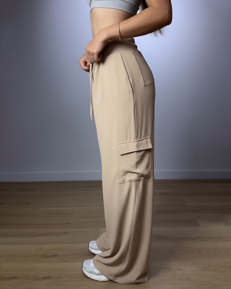 High Waist Drawstring Pleated Front Wide Leg Trousers Casual Flap Pockets Design Cargo Pants