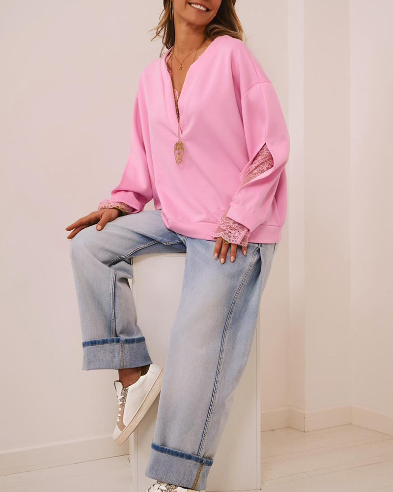 Women's Lace Patchwork Notch Neck Sweatshirt Casual Drop Shoulder Pullover Split Sleeve Top