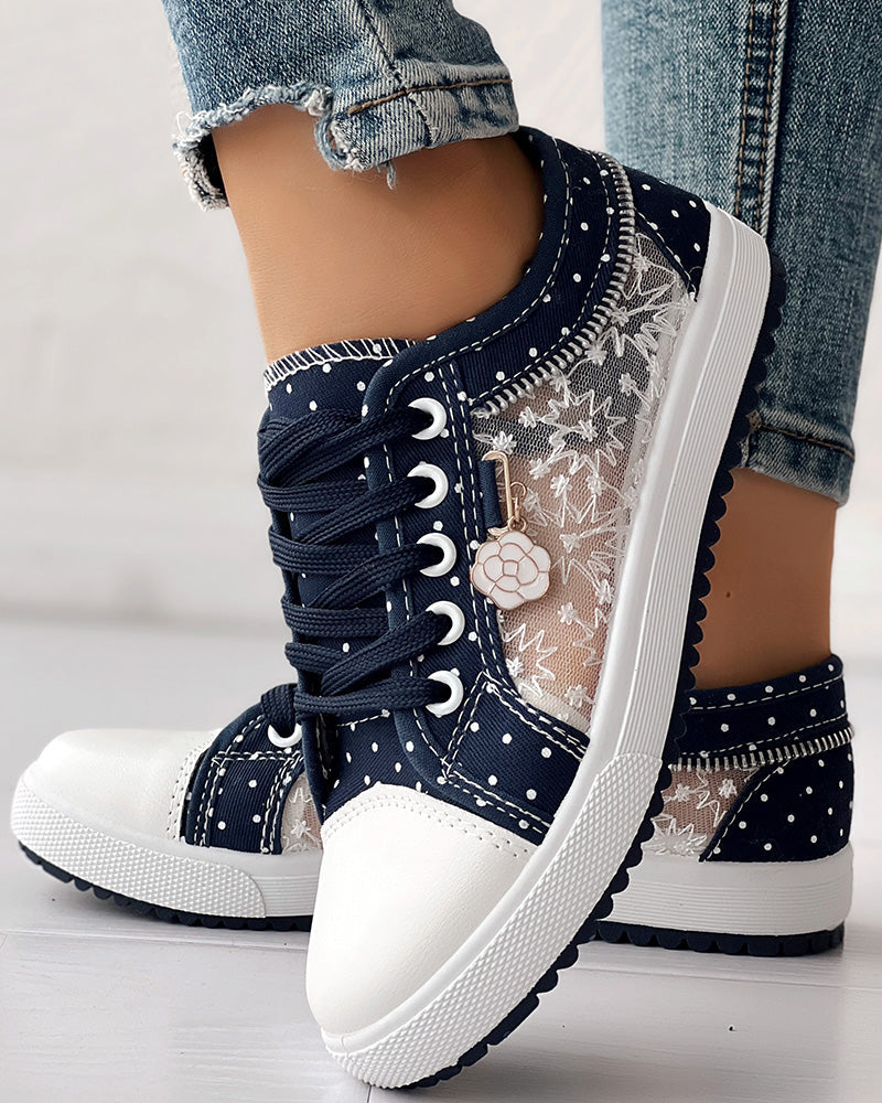 Floral Pattern Embroidery Dot Print Sneakers