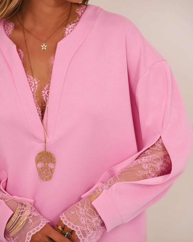 Women's Lace Patchwork Notch Neck Sweatshirt Casual Drop Shoulder Pullover Split Sleeve Top