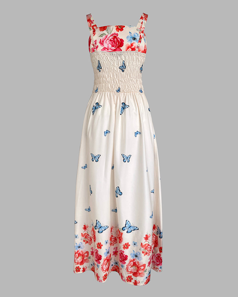 Women's Floral Butterfly Placement Print Cami Dress Shirred Back Sleeveless Vacation Sundress Casual Beach Maxi Dress