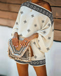 Women's Boho Vintage Print 2-Piece Set Off-Shoulder Lantern Sleeve Top and High-Waisted Shorts Casual Beach Vacation Outfit