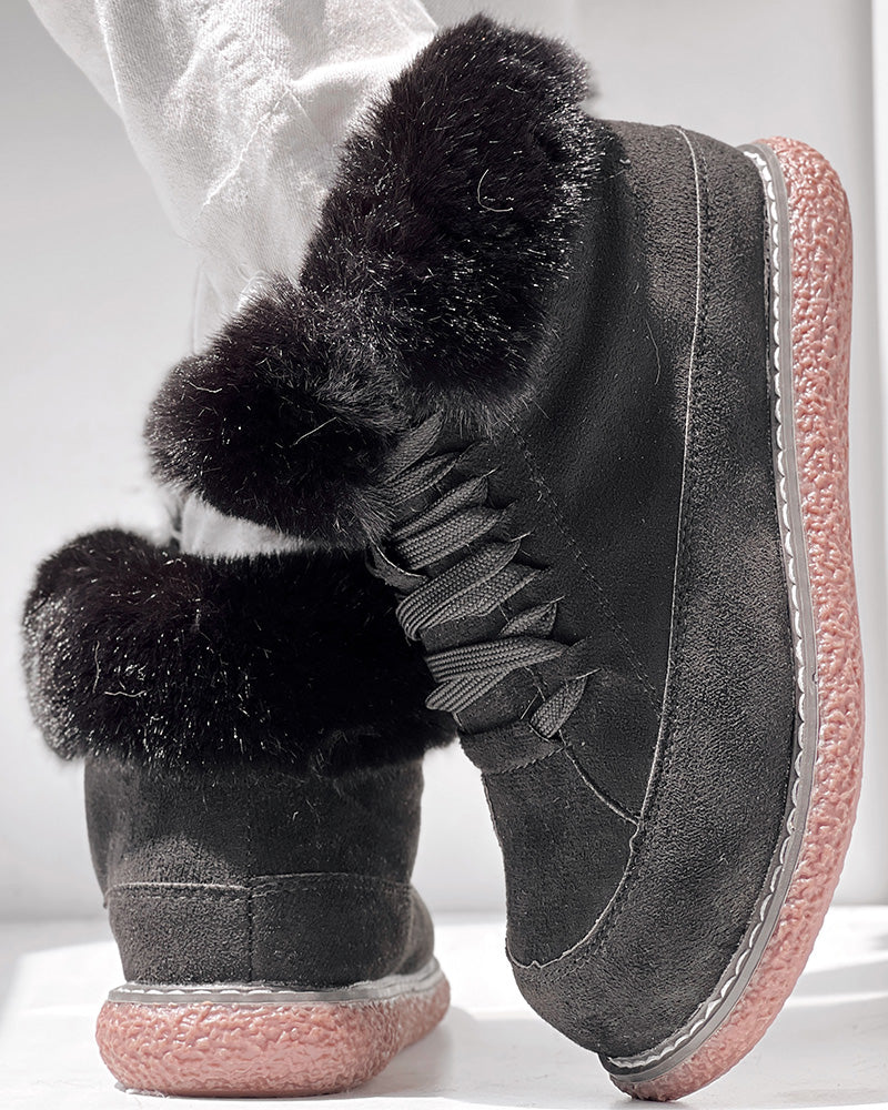 Fuzzy Detail Lined Lace-up Snow Boots